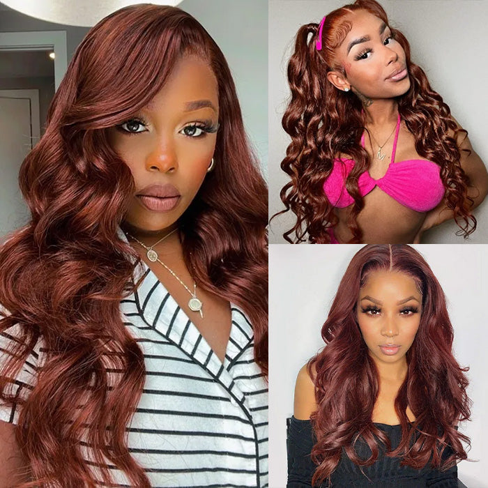 Cranberry Reddish Brown 13x4 Body Wave Lace Front Hair Wig Autumn Perfect Color For Dark Skins