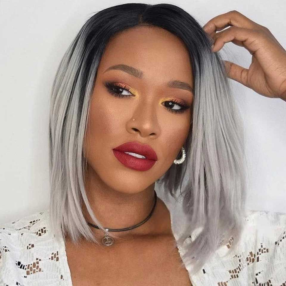 Cranberry Ombre 1B/Grey Short Bob Straight 13X4 Lace Front Brazilian Human Hair Wigs