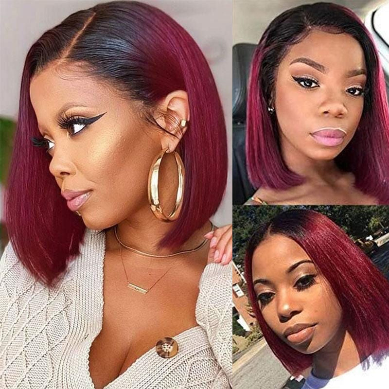 Cranberry 1B/99J Ombre Straight Short Bob 13X4 Lace Front Wigs For Black Women 150% Density