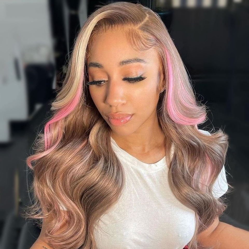 Cranberry Highlight Blonde Pink Body Wave 13X4 Lace Front Wigs Transparent Lace Frontal Wig Human Hair Wigs Brazilian Lace Wigs