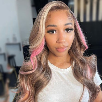 Cranberry Highlight Blonde Pink Body Wave 13X4 Lace Front Wigs Transparent Lace Frontal Wig Human Hair Wigs Brazilian Lace Wigs