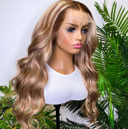 Cranberry 28 inch #18 Blonde Colored Body Wave Human Hair Lace Front Long Wigs