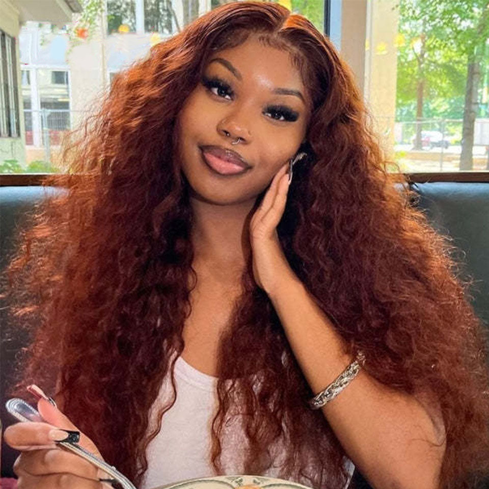#33 Auburn Colored 13x4 HD Lace Front Closure Human Hair Wigs Jerry Curly Frontal Wigs Reddish Brown Wig