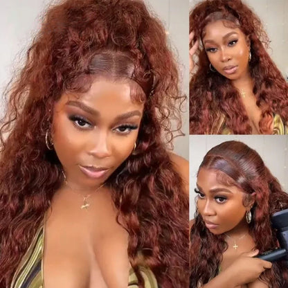 #33 Auburn Colored 13x4 HD Lace Front Closure Human Hair Wigs Jerry Curly Frontal Wigs Reddish Brown Wig