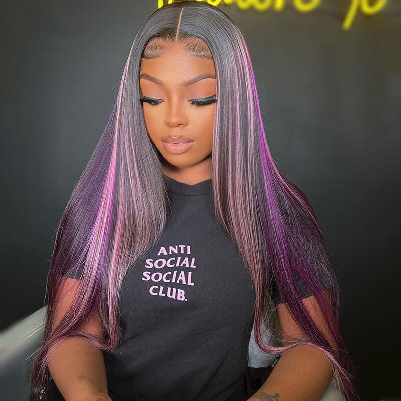 Cranberry Purple with Pink Straight Human Hair Wigs Transparent Brazilian 13x4 Lace Frontal wig 5x5 lace Closure Wig Pre Plucked