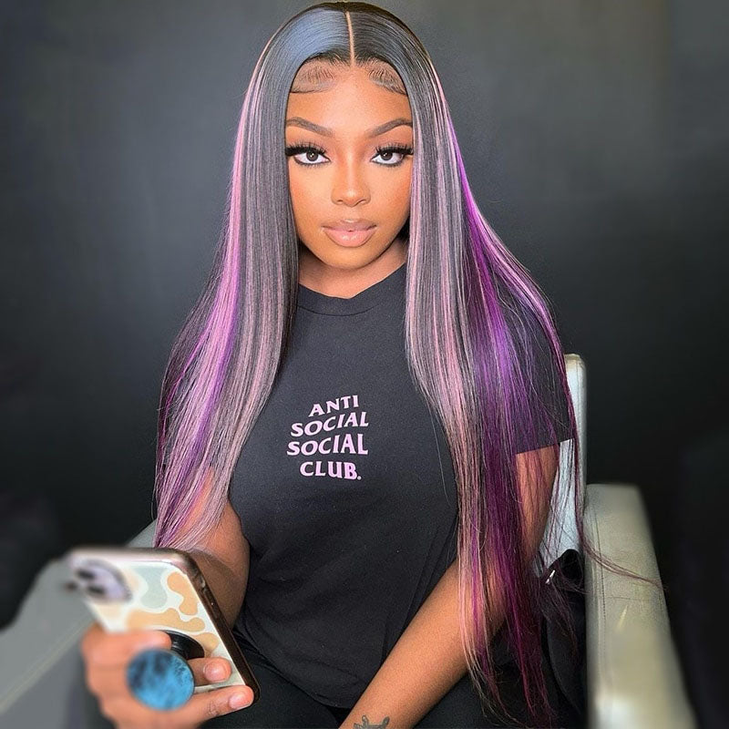 Cranberry Purple with Pink Straight Human Hair Wigs Transparent Brazilian 13x4 Lace Frontal wig 5x5 lace Closure Wig Pre Plucked