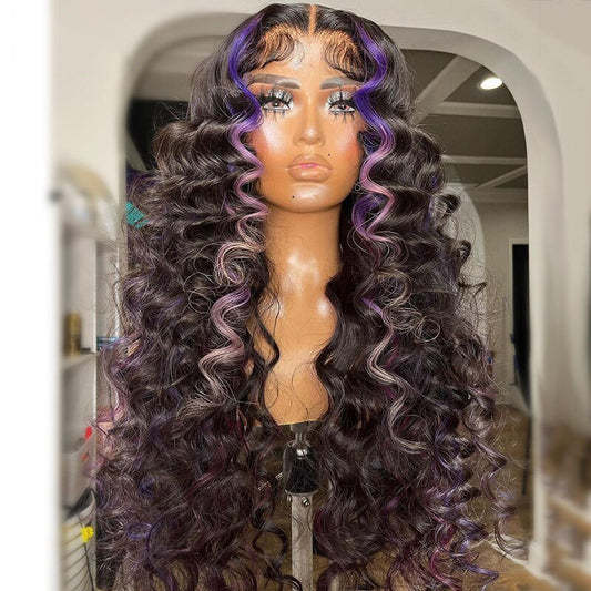 Cranberry HD 13x6 Loose Deep Wave Human Hair Wigs Curly Lace Frontal Wig Highlight Purple Colored Lace Wigs for PrePlucked