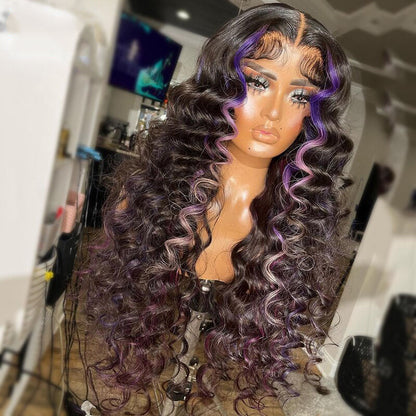 Cranberry HD 13x6 Loose Deep Wave Human Hair Wigs Curly Lace Frontal Wig Highlight Purple Colored Lace Wigs for PrePlucked