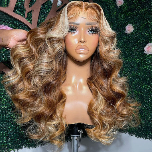 Cranberry Highlight Brown with Blonde Body Wave Human Hair Wigs 13x4 Lace Frontal Wig Pre Plucked 5x5 Lace Closure Wig