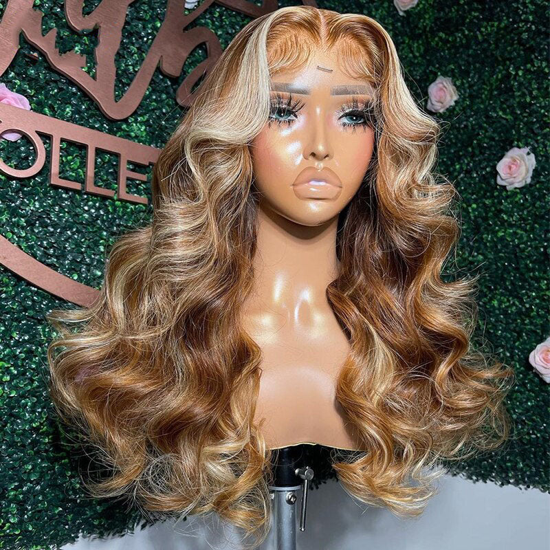 Cranberry Highlight Brown with Blonde Body Wave Human Hair Wigs 13x4 Lace Frontal Wig Pre Plucked 5x5 Lace Closure Wig