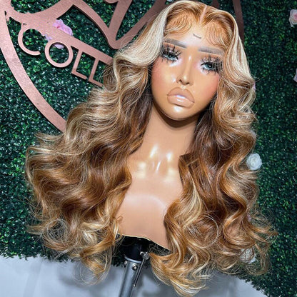 Cranberry Highlight Brown with Blonde Body Wave Human Hair Wigs 13x4 Lace Frontal Wig Pre Plucked 5x5 Lace Closure Wig