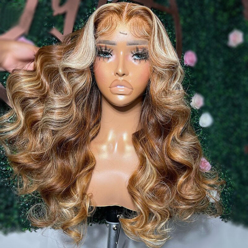 Cranberry Highlight Brown with Blonde Body Wave Human Hair Wigs 13x4 Lace Frontal Wig Pre Plucked 5x5 Lace Closure Wig