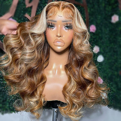 Cranberry Highlight Brown with Blonde Body Wave Human Hair Wigs 13x4 Lace Frontal Wig Pre Plucked 5x5 Lace Closure Wig