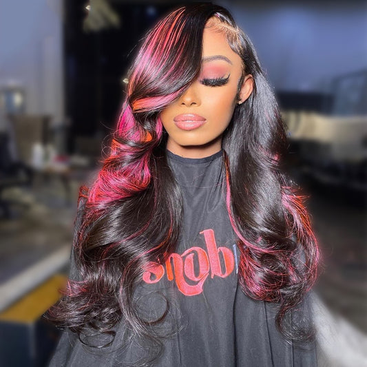 Cranberry Pink Highlight 13x6 Lace Front Wig Pre Plucked Body Wave Colored Human Hair Wigs