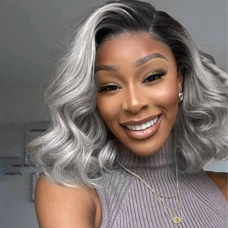 Ombre Gray short bob  LaceFront Wig Wig OneDor Lace Front Short Wavy Synthetic Hair Bob Wig, 12  main image 4