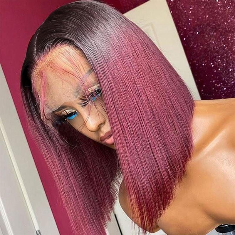Cranberry 1B/99J Ombre Straight Short Bob 13X4 Lace Front Wigs For Black Women 150% Density