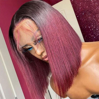 Cranberry 1B/99J Ombre Straight Short Bob 13X4 Lace Front Wigs For Black Women 150% Density