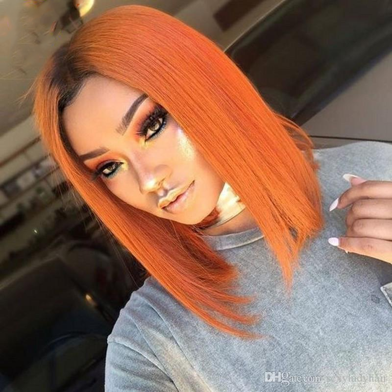 Cranberry Straight 1B/Orange Short Bob 13x4 Lace Front Wig For Black Women Pre Plucked