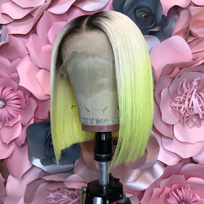 Cranberry Ombre 1B/Rose Neon Short Bob Straight 13X4 Middle Front Human Hair Wigs