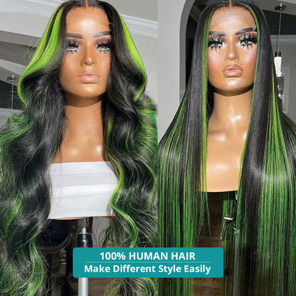 Cranberry Green Highlight Wig 13x4 Colored Body Wave Lace Front Wig Pre Plucked Transparent Brazilian Human Hair Wigs