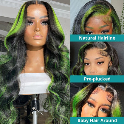 Cranberry Green Highlight Wig 13x4 Colored Body Wave Lace Front Wig Pre Plucked Transparent Brazilian Human Hair Wigs