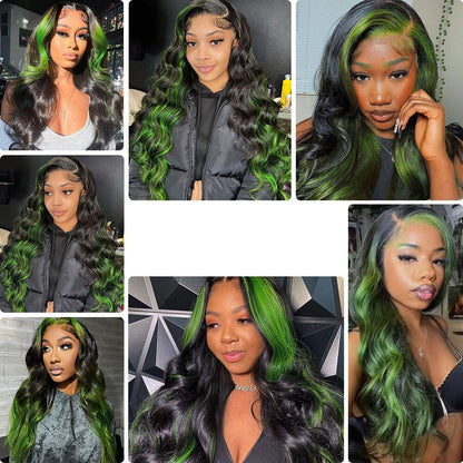 Cranberry Green Highlight Wig 13x4 Colored Body Wave Lace Front Wig Pre Plucked Transparent Brazilian Human Hair Wigs