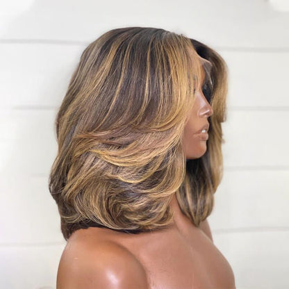 Cranberry Blonde Highlight Middle Part Layered Bob Lace Front Wig