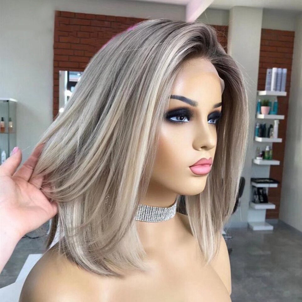 Cranberry Grey Colored Human Hair Wigs Transparent 13x4 HD Lace Frontal Wig Bob Wig