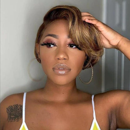 Cranberry Highlight Piano Pixie Cut Human Hair Wig 13x4 Lace Frontal Wig Human Hair