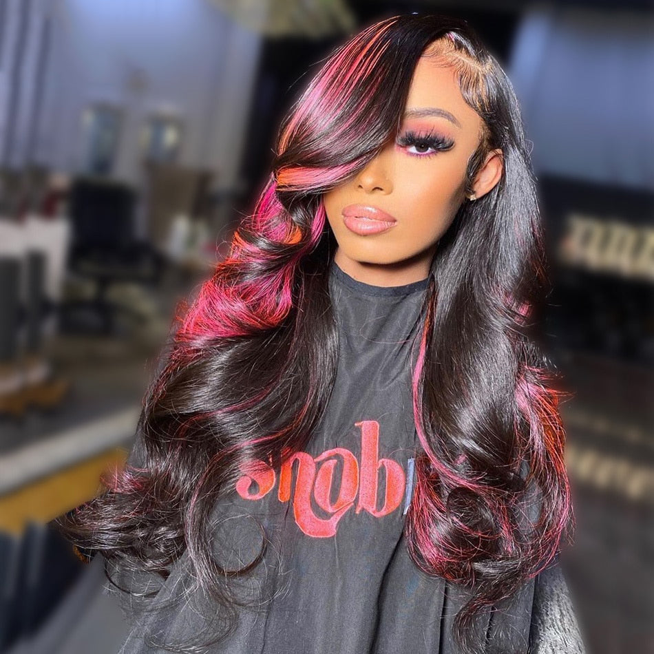 Cranberry Pink Highlight 13x6 Lace Front Wig Pre Plucked Body Wave Colored Human Hair Wigs