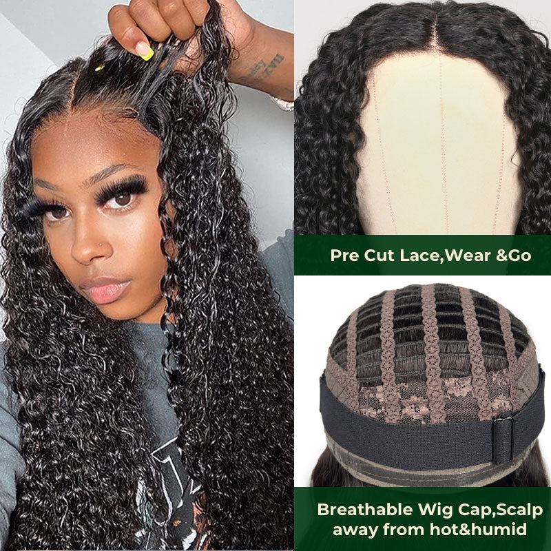 Klaiyi Pre-Cut 12A 4x4 5X5 Lace Wig Wear & Go Jerry Curly Human Hair Wig with Breathable Cap Beginner Wig
