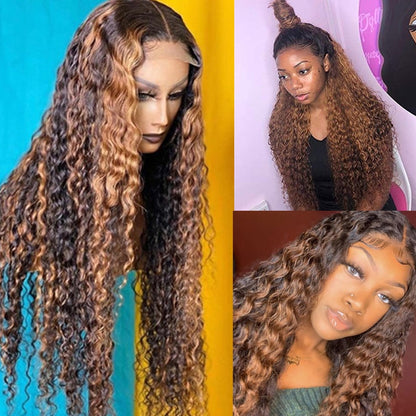 Sexy Curly Highlight 13x4 Lace Front Human Hair Wigs Deep Wave Brazilian Hair Ombre Wigs