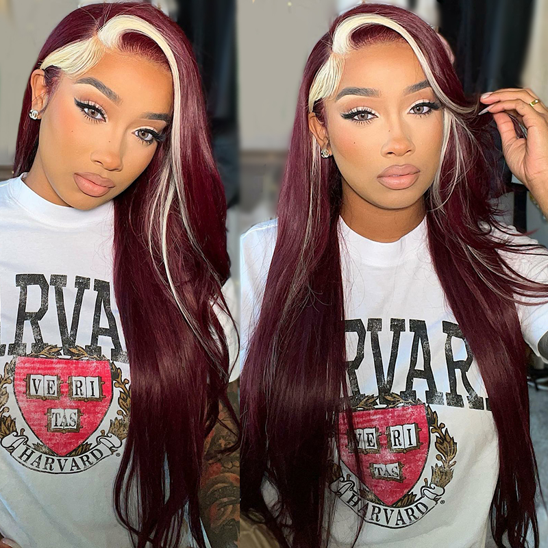 Cranberry Red Wine & Blonde Skunk Stripe Color Wig 13*4 Lace Front Wig