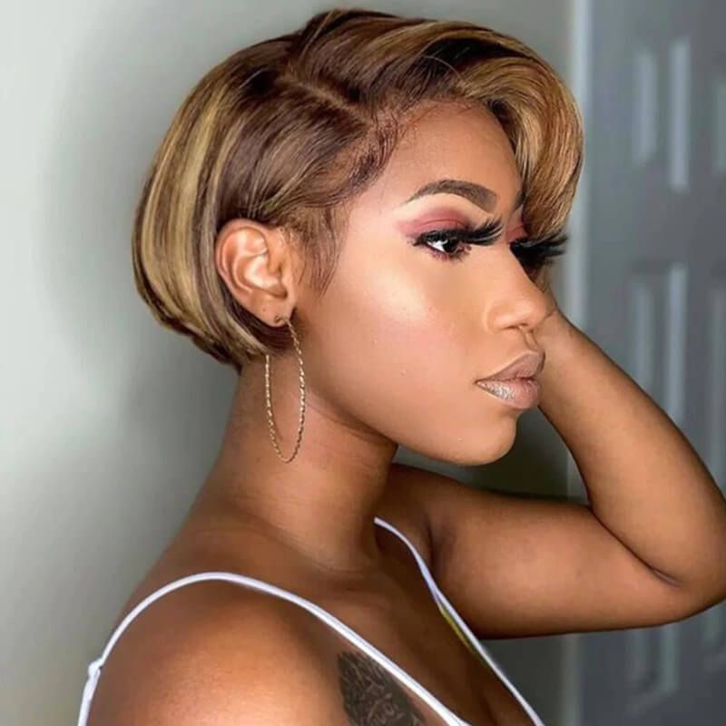 Cranberry Highlight Piano Pixie Cut Human Hair Wig 13x4 Lace Frontal Wig Human Hair