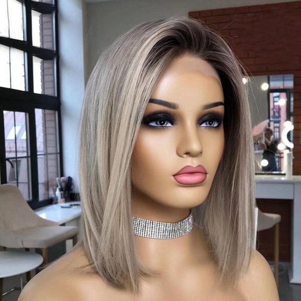 Cranberry Grey Colored Human Hair Wigs Transparent 13x4 HD Lace Frontal Wig Bob Wig