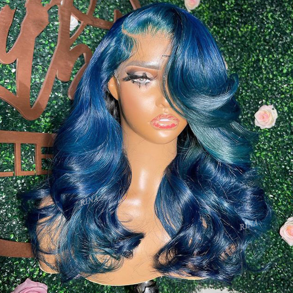 Cranbrry Light Blue Color 13x4 Lace Front Human Hair Wig Brazilian Body Wave Wigs  Pre Plucked
