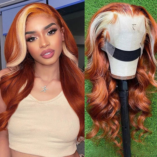 Cranberry Transparent Ginger Wig With Blonde Highlights Colored Lace Front Wigs Body Wave Ombre Human Hair Wigs