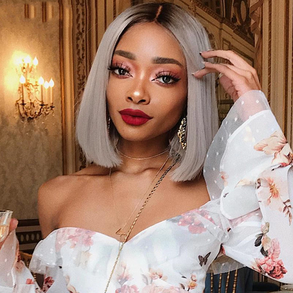 Cranberry Ombre 1B/Grey Short Bob Straight 13X4 Lace Front Brazilian Human Hair Wigs