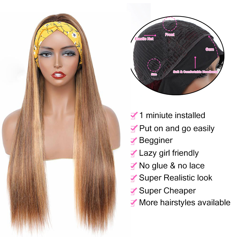 Cranberry Blond Highlight Headband Wig 4/27 Silky Straight Malaysian Full Machine Glueless Human Hair Wig - Cranberry Hair
