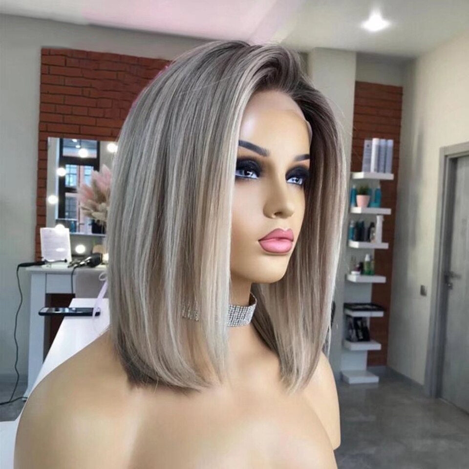 Cranberry Grey Colored Human Hair Wigs Transparent 13x4 HD Lace Frontal Wig Bob Wig