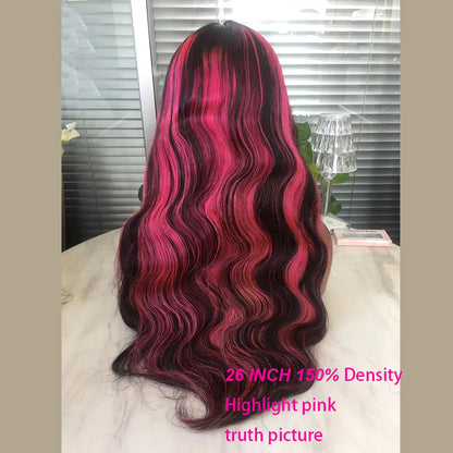 Cranberry Pink Highlight 13x6 Lace Front Wig Pre Plucked Body Wave Colored Human Hair Wigs
