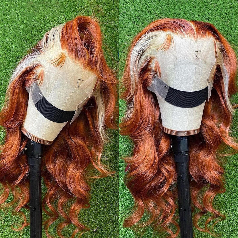 Cranberry Transparent Ginger Wig With Blonde Highlights Colored Lace Front Wigs Body Wave Ombre Human Hair Wigs