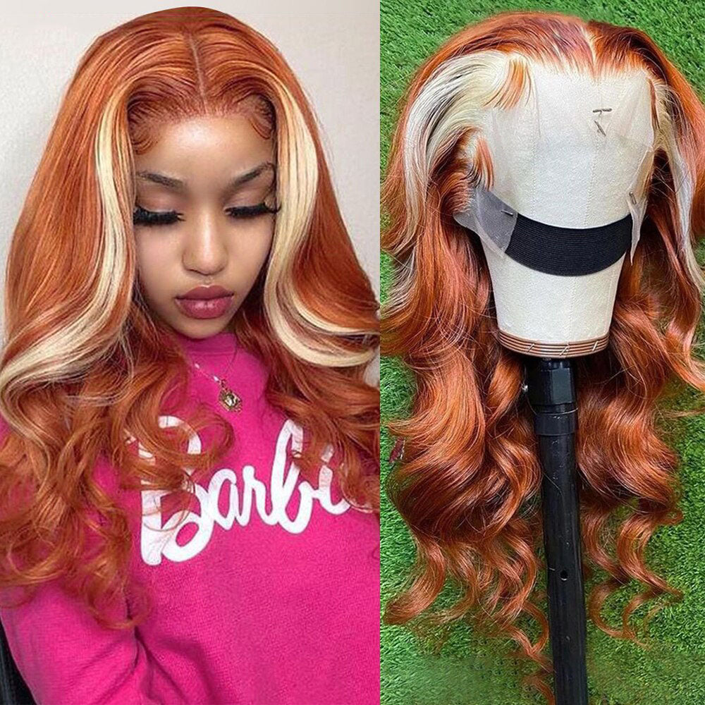 Cranberry Transparent Ginger Wig With Blonde Highlights Colored Lace Front Wigs Body Wave Ombre Human Hair Wigs