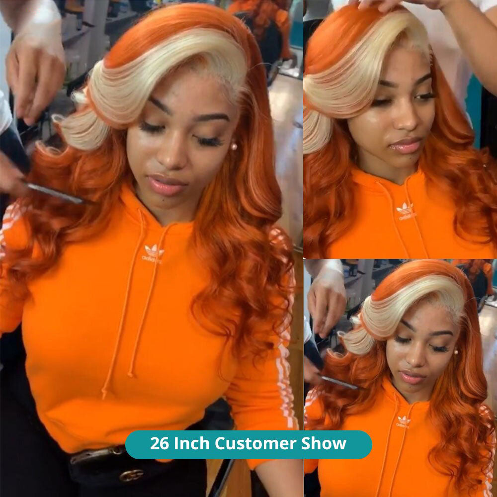 Cranberry Transparent Ginger Wig With Blonde Highlights Colored Lace Front Wigs Body Wave Ombre Human Hair Wigs