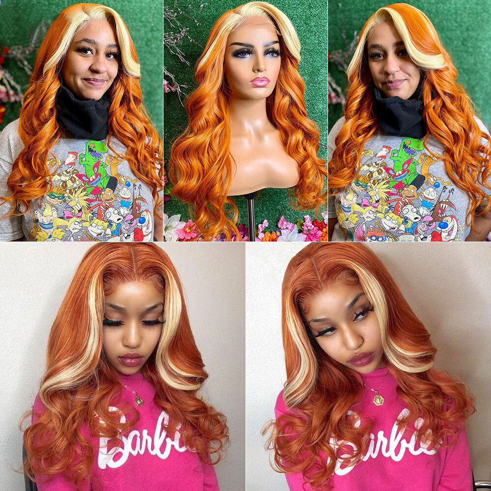 Cranberry Transparent Ginger Wig With Blonde Highlights Colored Lace Front Wigs Body Wave Ombre Human Hair Wigs