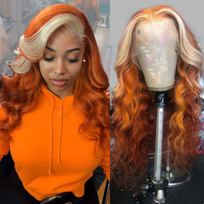 Cranberry Transparent Ginger Wig With Blonde Highlights Colored Lace Front Wigs Body Wave Ombre Human Hair Wigs