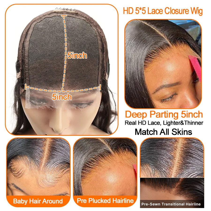 Cranberry 12A Silky Straight 5x5 Glueless Lace 18-36 Inches Long Wig | Real HD Lace
