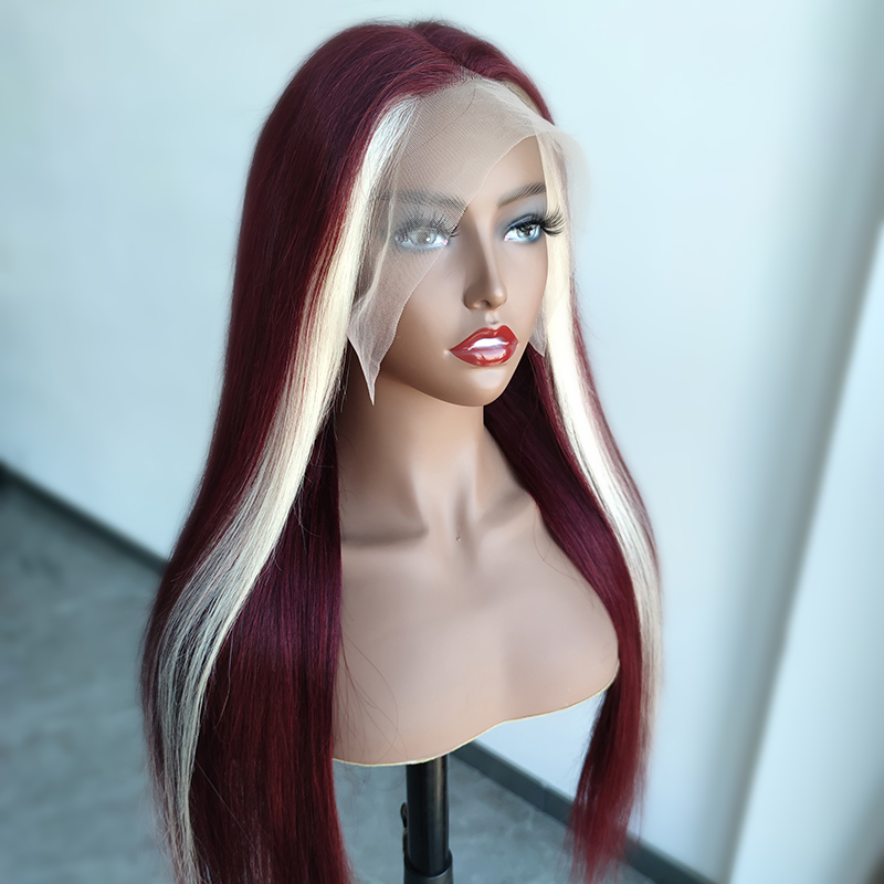 Cranberry Red Wine & Blonde Skunk Stripe Color Wig 13*4 Lace Front Wig