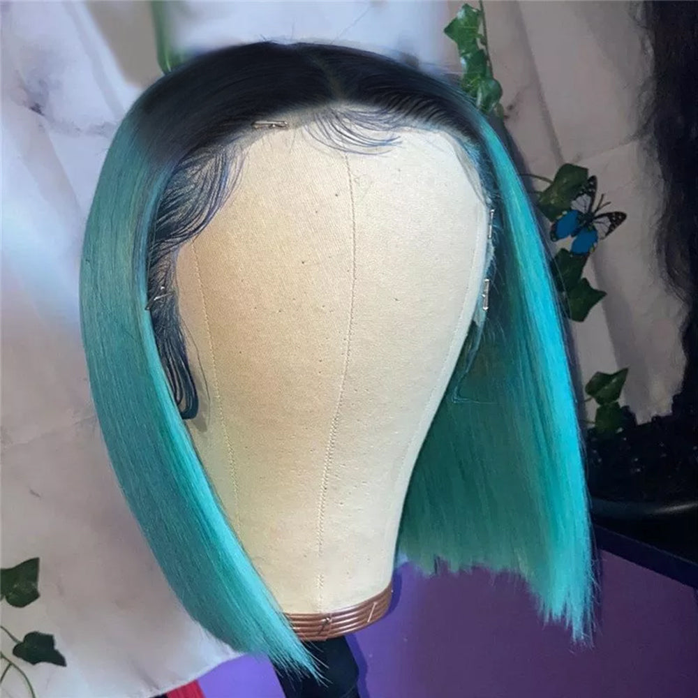 Cranberry 1B/Sky Blue Short Bob Straight Brazilian 13X4 Preplucked Wig