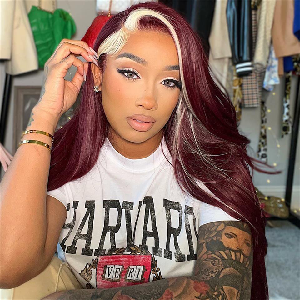 Cranberry Red Wine & Blonde Skunk Stripe Color Wig 13*4 Lace Front Wig